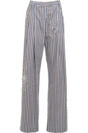 Des Phemmes Crystal-Embellished Striped-Cotton Wide-Leg Pants, /white, IT 38