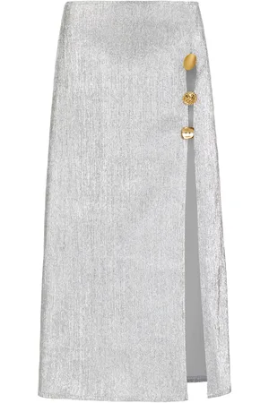 FRANCOISE Exclusive Emanuelle Buttoned Lamé Midi Skirt, , FR 34