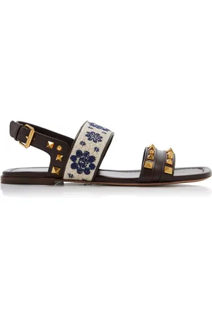VALENTINO GARAVANI County Rockstud Floral-Embroidered Leather Sandals, , IT 37.5