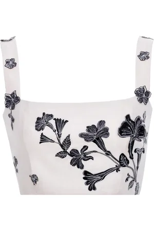 Agua by Agua Bendita Cacao Embroidered Linen Crop Top, , XS