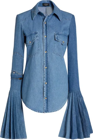 A.W.A.K.E. MODE Recycled Denim Pleated Bell Sleeves Top, , FR 34