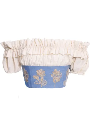 Agua by Agua Bendita Pimienta Embroidered Linen Crop Top, , S