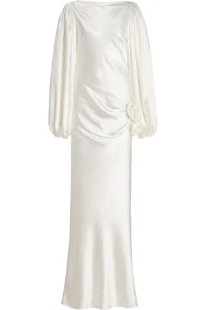 De La Vali Vivir Baloon-Sleeve Rose-Detailed Hammered-Satin Maxi Dress, , UK 8