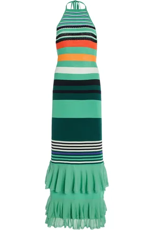 Christopher John Rogers Ruffled Striped Cotton-Blend Halter Dress, , XS