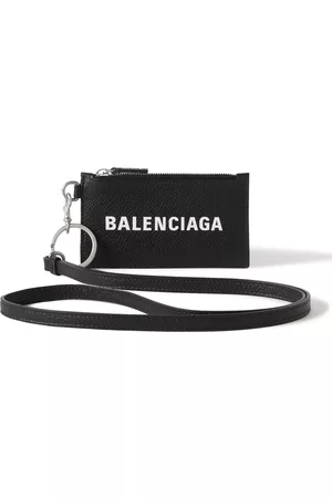 Balenciaga Logo-Print Full-Grain Leather Cardholder with Lanyard