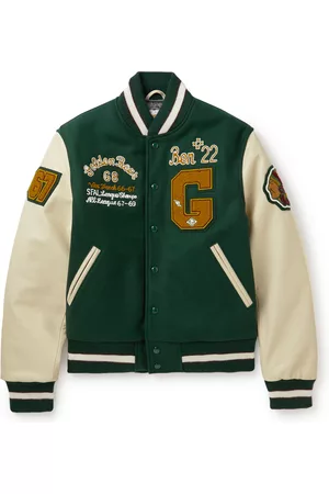 Green-black Patched Splicing Genuine Leather Bomber Varsity Jacket