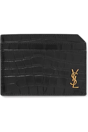 Croc Effect Leather Card Holder in Black - Saint Laurent