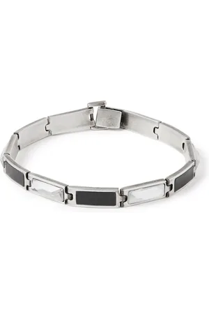 SAINT LAURENT Logo-Embellished Textured-Leather and Silver-Tone Bracelet - Men - Black Jewelry
