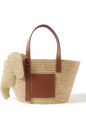 Loewe Elephant Leather-Trimmed Raffia Tote Bag