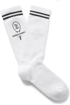 Brunello Cucinelli Logo-Embroidered Striped Ribbed Cotton-Blend Socks