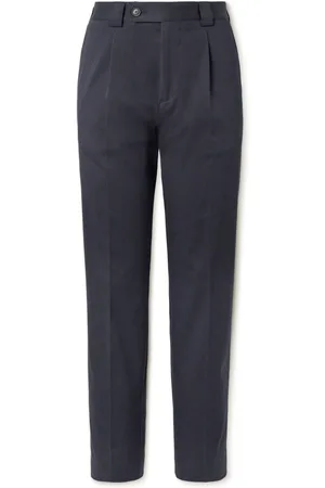 straight leg pleated stretch cotton trousers