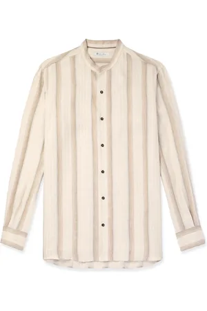 Loro Piana Elia Grandad-Collar Striped Linen and Silk-Blend Shirt