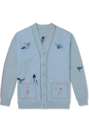 KAPITAL Magpie Embroidered Chambray-Trimmed Cotton Cardigan