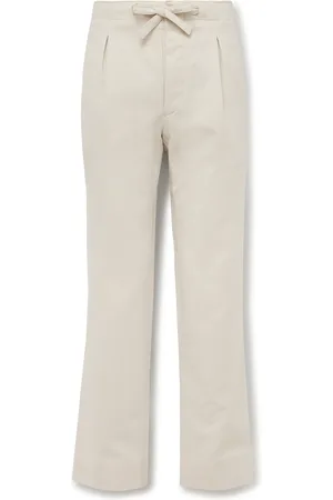 Stoffa Straight-Leg Pleated Peached Cotton-Twill Drawstring Trousers