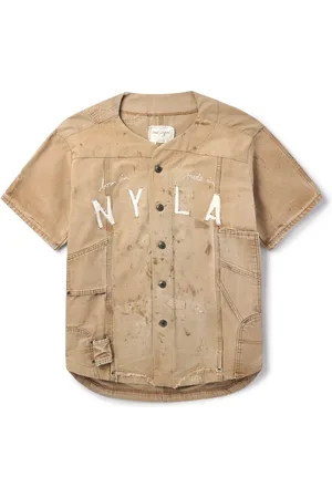 GREG LAUREN Frayed Appliquéd Embroidered Distressed Cotton-Canvas Shirt