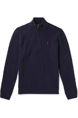 Ralph Lauren Logo-Embroidered Cable-Knit Wool and Cashmere-Blend Half-Zip Sweater