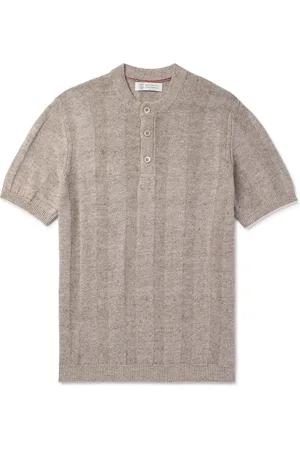 Brunello Cucinelli Striped Linen and Cotton-Blend Henley T-Shirt