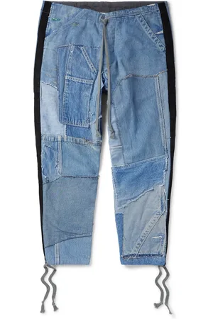 GREG LAUREN Tapered Cropped Frayed Patchwork Drawstring Jeans