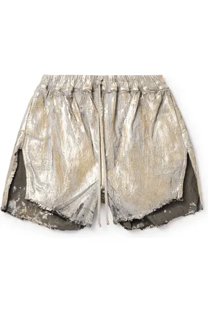Rick Owens Blister Straight-Leg Frayed Metallic Megacrust Stretch-Denim Drawstring Shorts