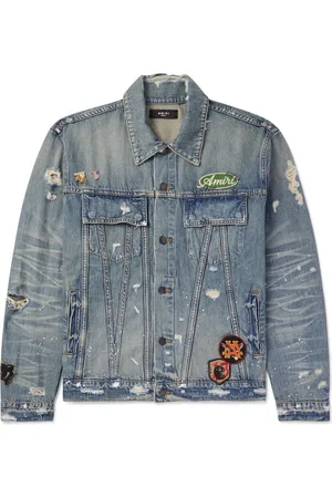 AMIRI Vintage Pegasus Embellished Distressed Paint-Splattered Denim Trucker Jacket