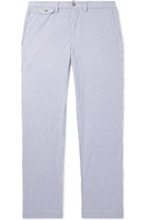 Ralph Lauren Straight-Leg Logo-Embroidered Striped Cotton-Blend Seersucker Trousers