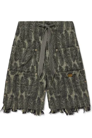 KAPITAL Magpie Straight-Leg Distressed Cotton-Jacquard Drawstring Shorts
