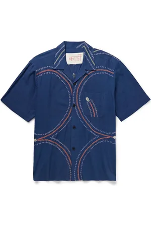 Kardo Ronen Convertible-Collar Embroidered Printed Cotton-Khadi Shirt