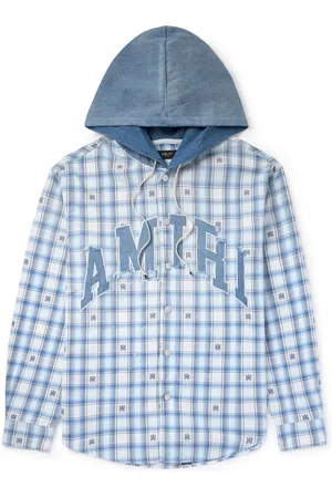 AMIRI Denim-Trimmed Logo-Appliquéd Checked Cotton-Flannel Hooded Overshirt