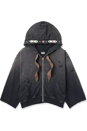 KAPITAL Embelished Distressed Cotton-Jersey Zip-Up Hoodie