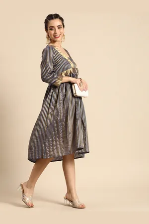 Sangria Grey Striped Fit & Flare Ethnic Dress