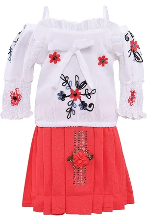 Wish Karo Girls Pink & White Embroidered Top with Skirt