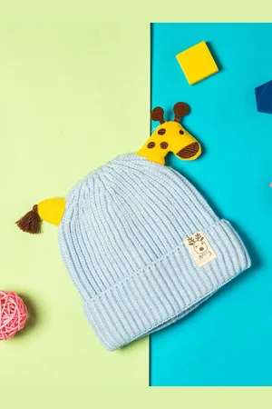 Baby Moo Unisex Kids Blue & Yellow Woollen 3D Reindeer Beanie