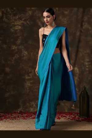 Swtantra Teal Blue Solid Satin Saree
