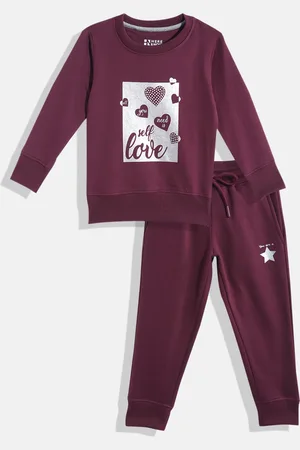 HERE&NOW Girls Burgundy Printed Sweatshirt with Joggers