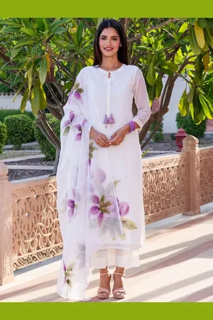 Ambraee Women White Floral Printed Kurta with Trousers & Dupatta