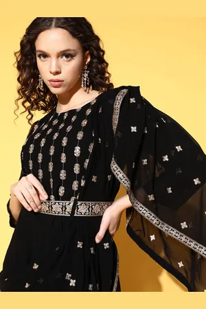 Kvsfab Black Ethnic Motifs Embroidered Georgette Maxi Dress
