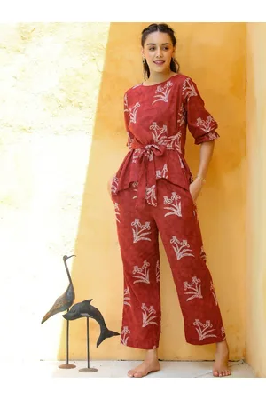 JISORA Women Maroon & White Printed Pure Organic Cotton Co-Ord Set
