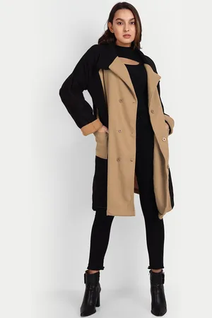 iki chic Women Colourblocked Double-Breasted Wool Trench Coat