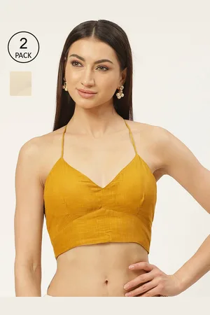 Molcha Women Pack Of 2 Mustard Yellow & Beige Solid Pure Cotton Padded Saree Blouse