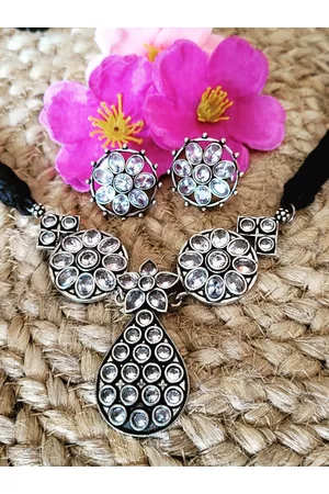 Veni Women White Brass Silver-Plated Oxidised Necklace