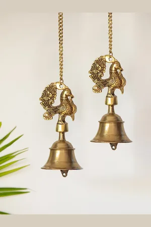 ExclusiveLane The Brass Beams Set Of 2 Elegant Peacock Hand-Etched Decorative Hanging Bell
