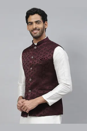ESSAS club Men Floral Thread Work Nehru Jacket with Pocket Square