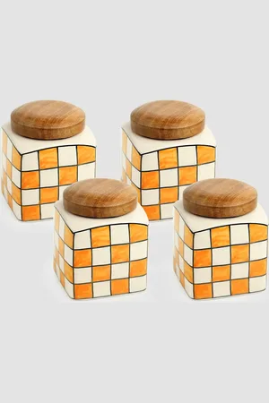ExclusiveLane Set of 4 Checked Ceramic Jars With Lid 480 ml each