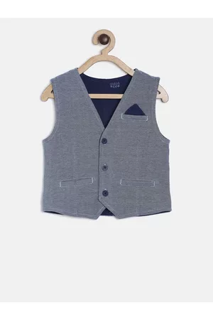 MINI KLUB Boys Blue Solid Woven Pure Cotton Waistcoat