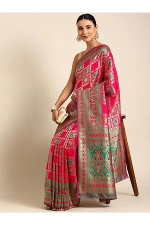 Mitera Pink & Teal Ethnic Motifs Zari Silk Blend Banarasi Saree