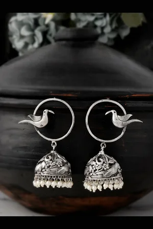Dastoor Silver-Toned Contemporary Jhumkas Earrings