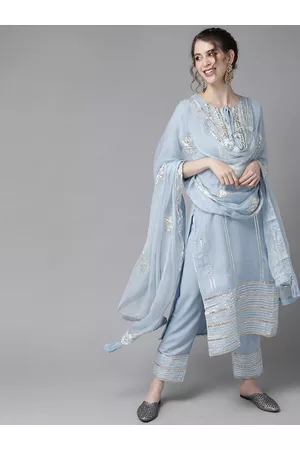 Ishin Women Blue Pleated Gotta Patti Pure Cotton Kurta with Trousers & Dupatta