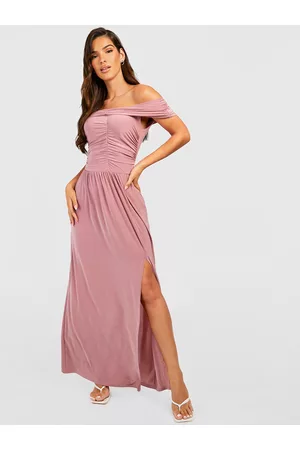 Boohoo A-Line Split Detailed Bardot Maxi Dress