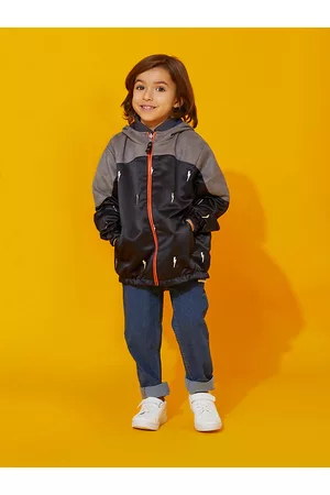 Cherry Crumble Kids Black & Navy Blue Printed Reversible Hooded Tailored Jacket