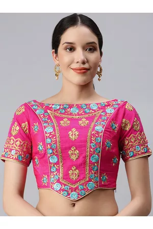 flaher Women Pink & Blue Embroidered Art Silk Saree Blouse